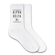 Alpha Delta Pi white cotton crew socks with sorority name printed on the socks