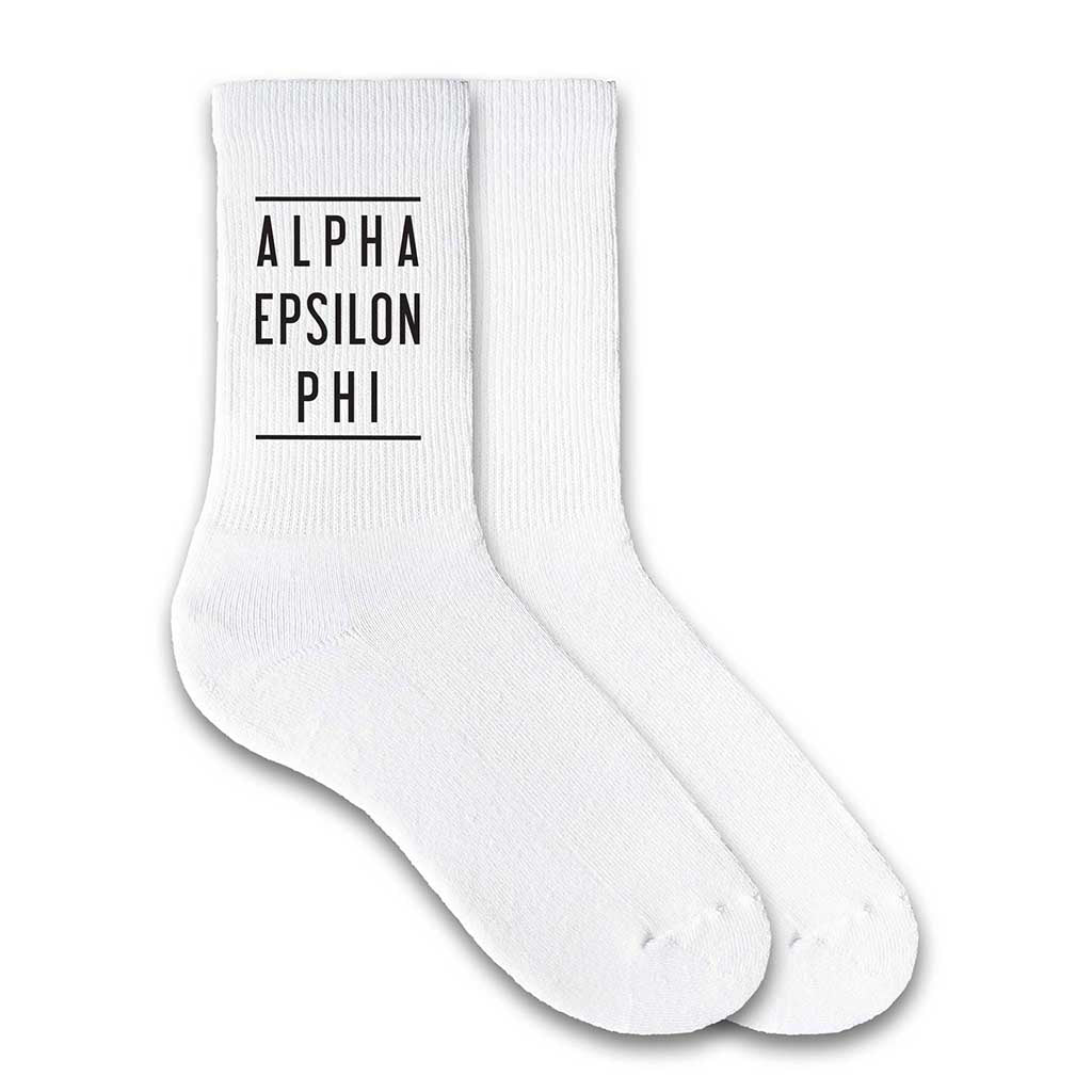 Alpha Epsilon Phi design printed on white cotton crew socks perfect sorority gift