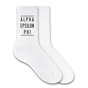 Alpha Epsilon Phi sorority name custom printed on white cotton crew socks