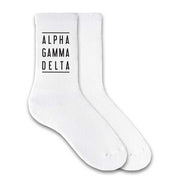 Alpha Gamma Delta design printed on white cotton crew socks perfect sorority gift