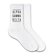 Alpha Gamma Delta custom printed on white cotton crew socks