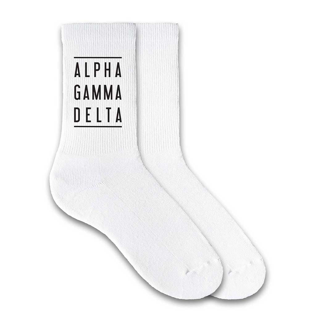 Alpha Gamma Delta custom printed on white cotton crew socks