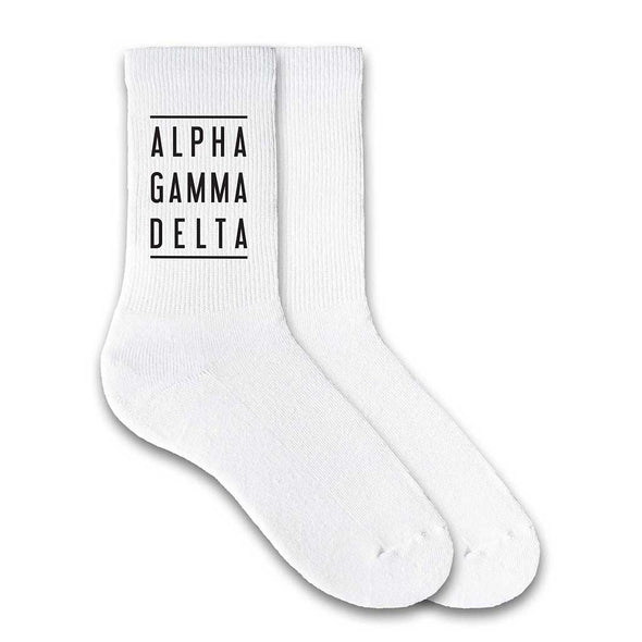 Alpha Gamma Delta custom printed on white cotton crew socks
