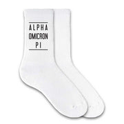 Alpha Omicron Pi white cotton crew socks with sorority name printed on the socks