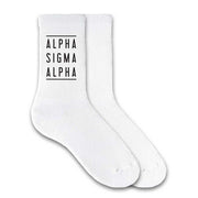 Alpha Sigma Alpha sorority name printed on the white cotton crew socks