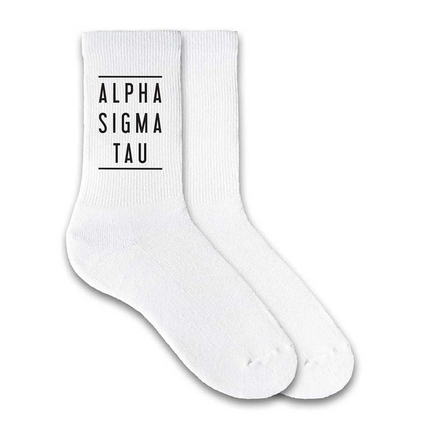 Alpha Sigma Tau  sorority name printed on the white cotton crew socks