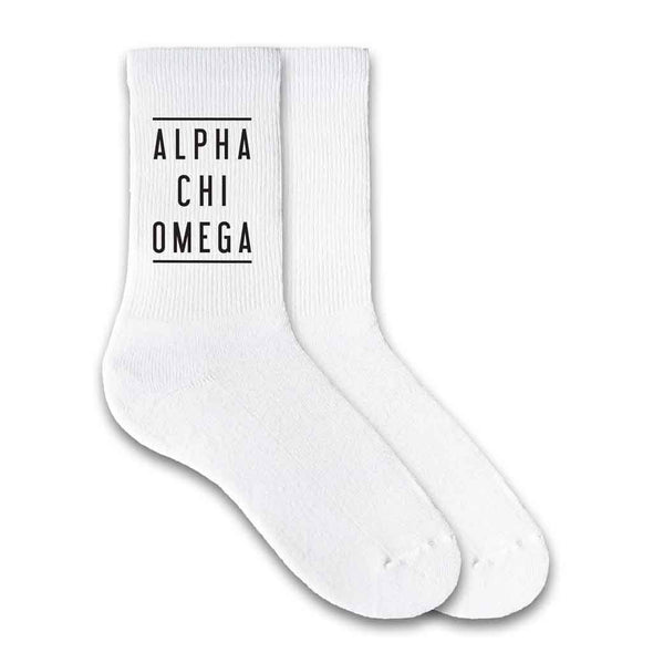 Alpha Chi Omega sorority name custom printed on white cotton crew socks