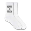 Alpha Xi Delta sorority name printed on the white cotton crew socks