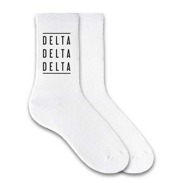 Delta Delta Delta sorority name custom printed on white cotton crew socks