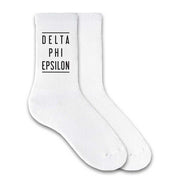 Delta Phi Epsilon custom printed on white cotton crew socks