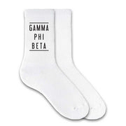 Gamma Phi Beta sorority name custom printed on white cotton crew socks