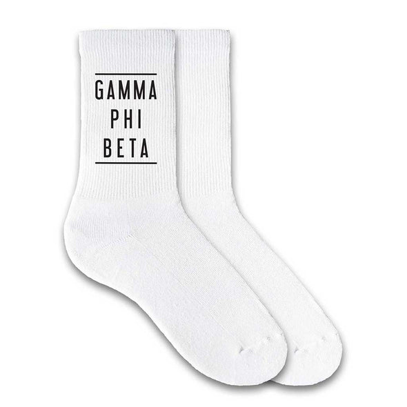 Gamma Phi Beta sorority name custom printed on white cotton crew socks