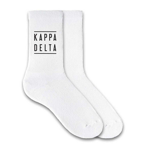 Kappa Delta sorority white cotton crew socks with sorority name printed on the socks