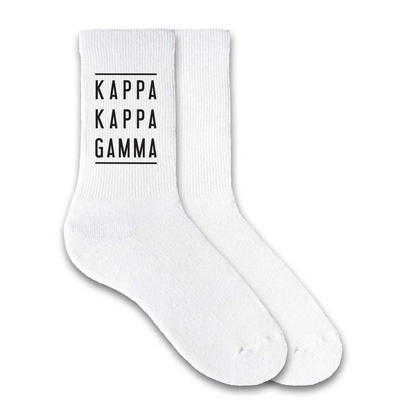 Kappa Kappa Gamma sorority white cotton crew socks with sorority name printed on the socks