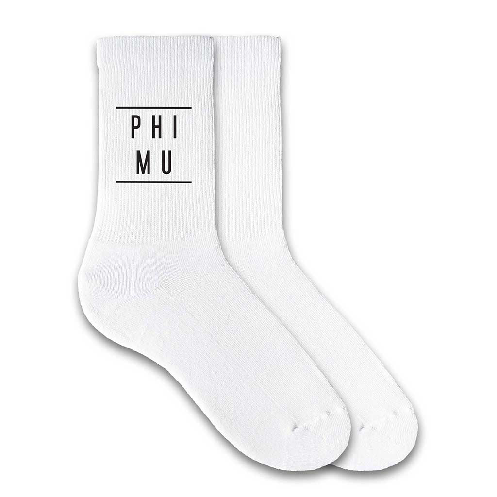 Phi Mu sorority name custom printed on white cotton crew socks make a great gift