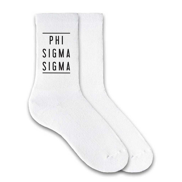 Phi Sigma Sigma sorority white cotton crew socks with sorority name printed on the socks