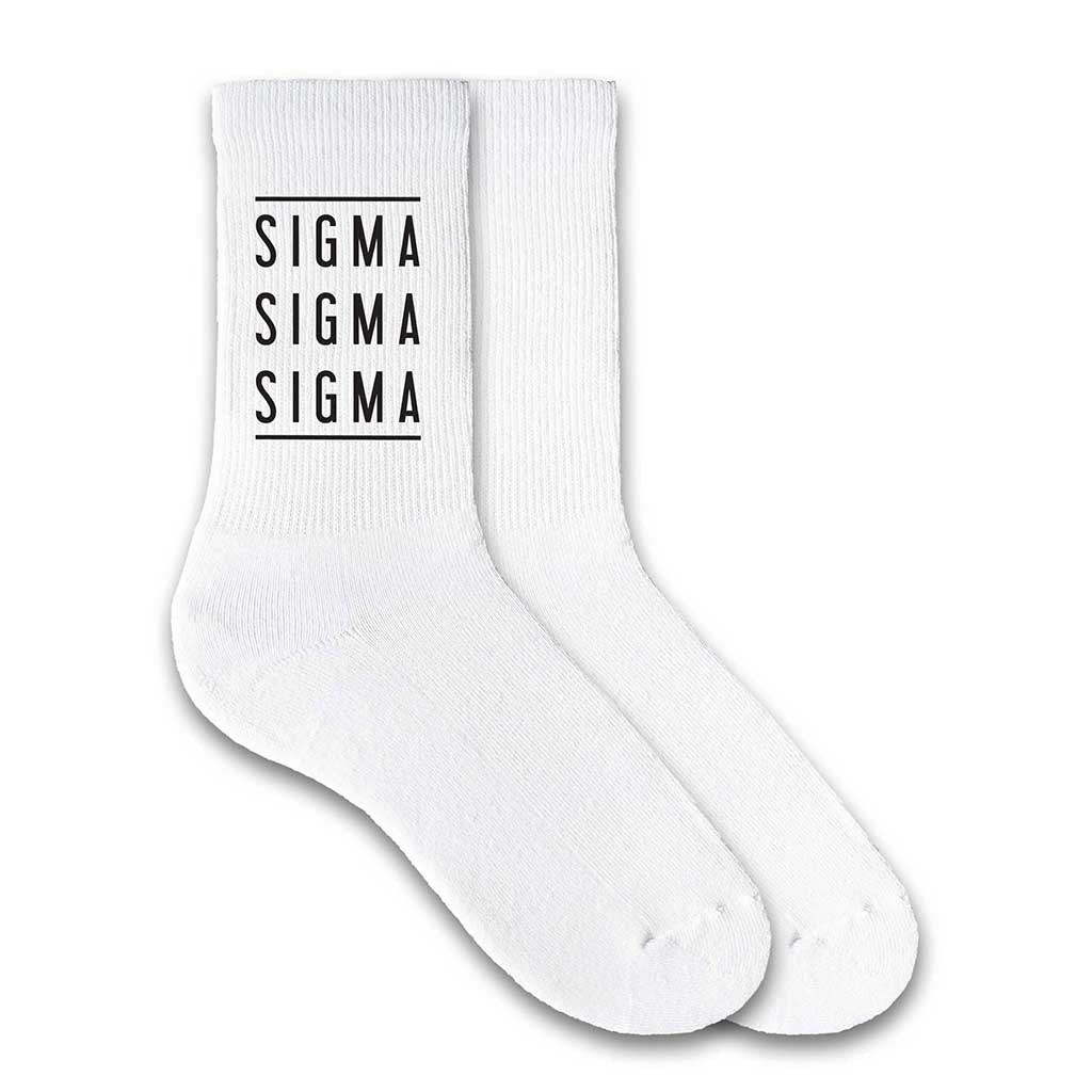 Sigma Sigma Sigma sorority white cotton crew socks with sorority name printed on the socks