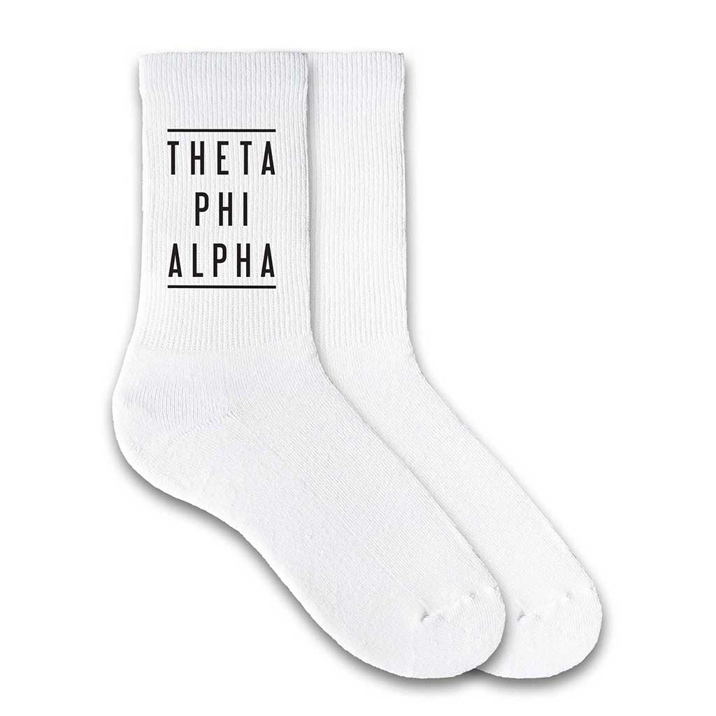 Theta Phi Alpha sorority name custom printed on cute cotton crew socks