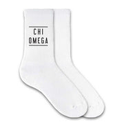Chi Omega sorority name custom printed on white cotton crew socks