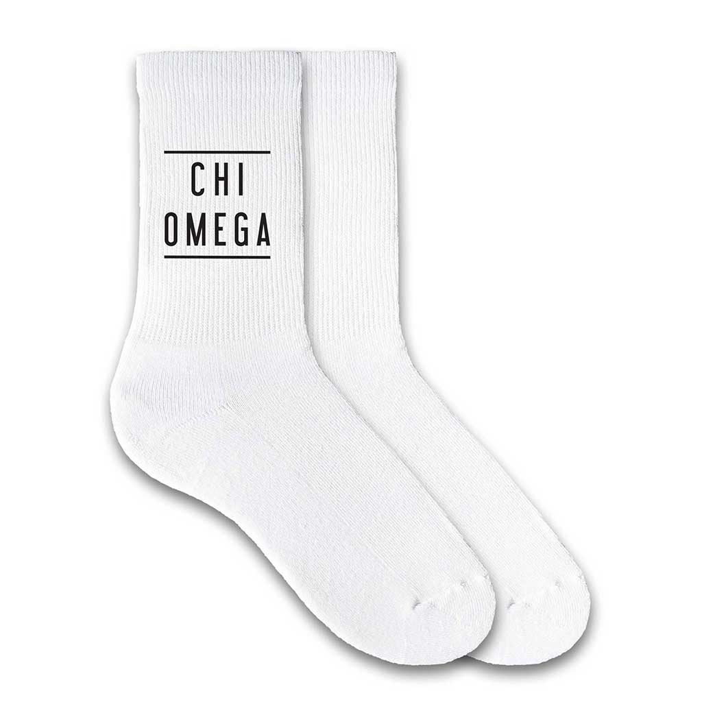 Chi Omega sorority name custom printed on white cotton crew socks