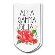 Alpha Gamma Delta sorority socks with the sororities floral design printed on the socks