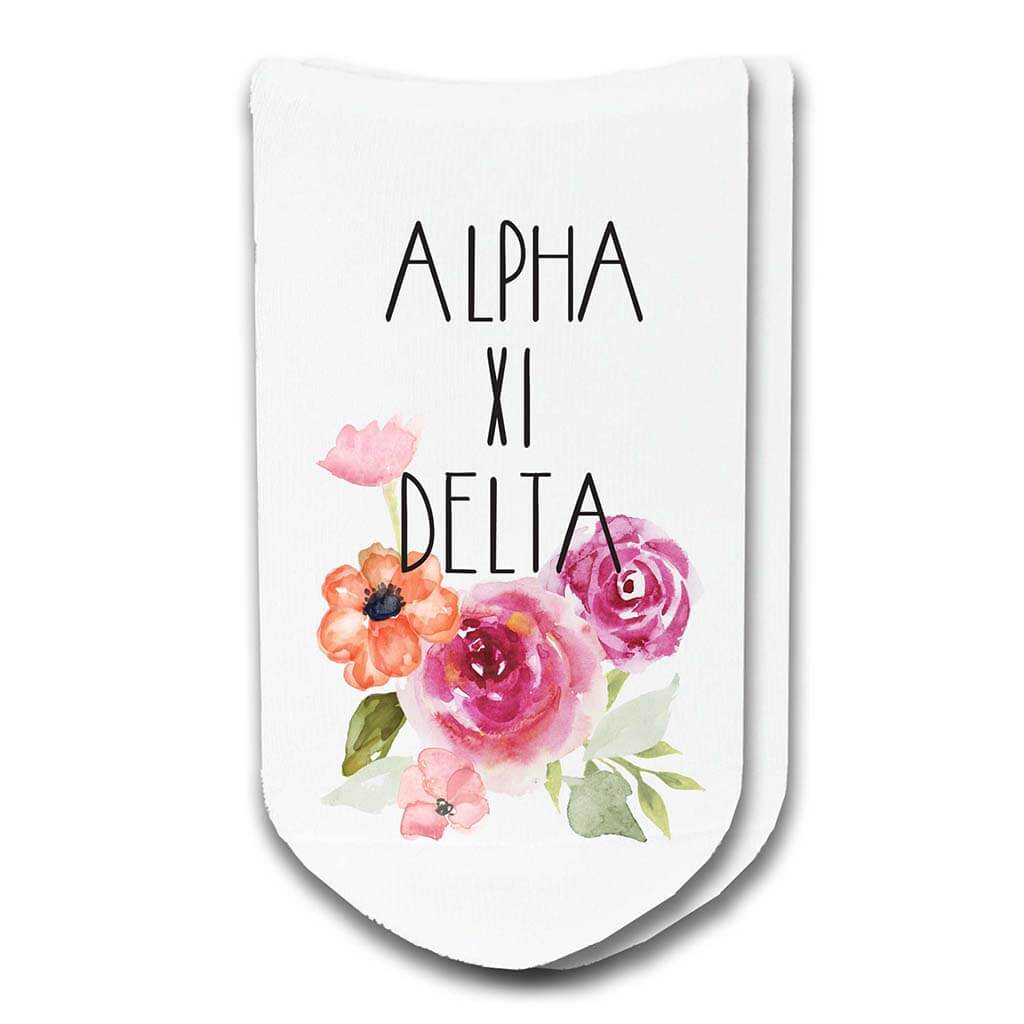 Alpha Xi Delta sorority socks with the sororities floral design printed on the socksare part of this sorority gift pack