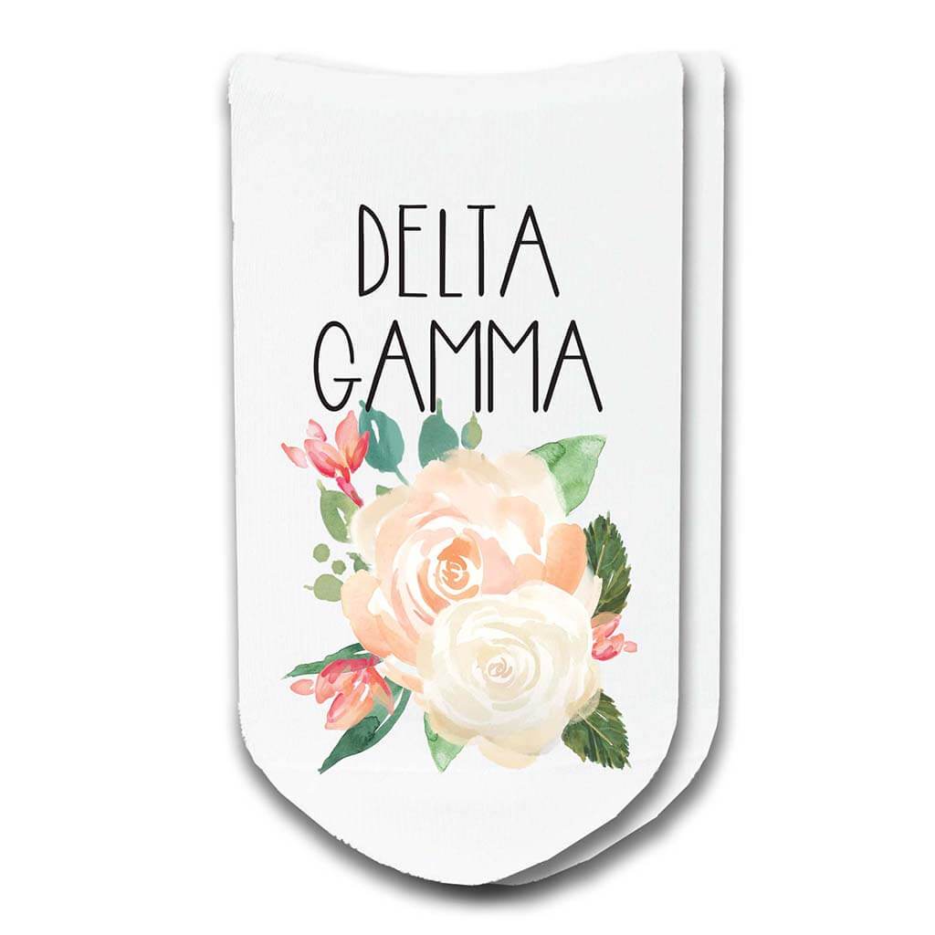 Delta Gamma sorority socks with the sororities floral design printed on the socks