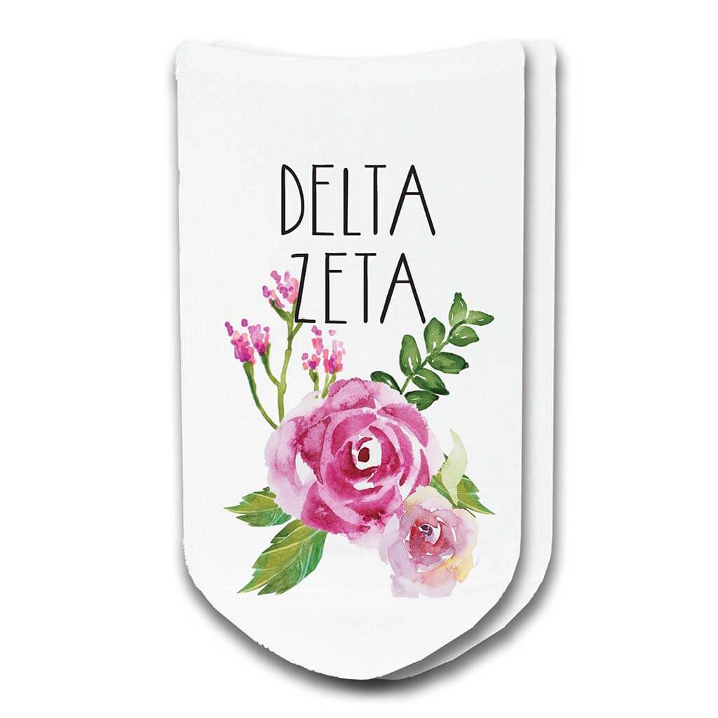 DZ sorority socks with the sororities floral design printed on the socks