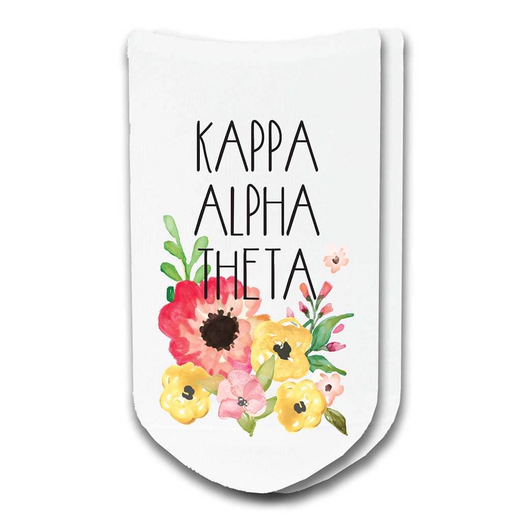 Theta sorority socks with the sororities floral design printed on the socks