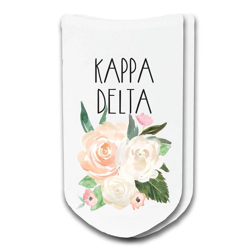 Kappa Delta sorority socks with the sororities floral design printed on the socks