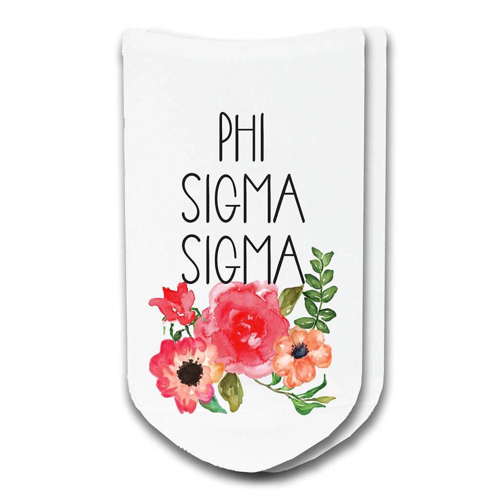 Phi Sig sorority socks with the sororities floral design printed on the socks