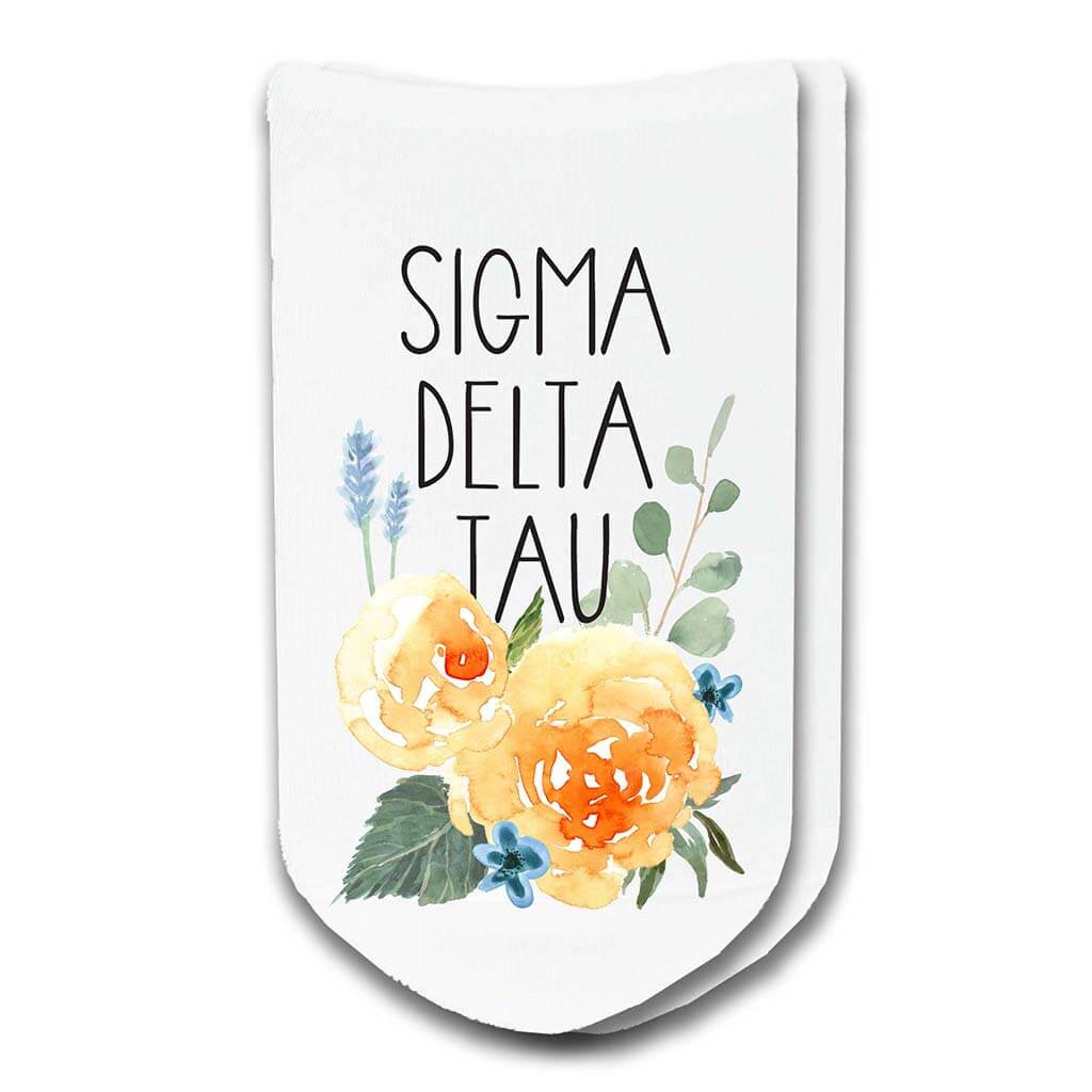 Sigma Delta Tau footie socks with sorority name, Greek letters and sorority floral design sold as a 3 pair gift set
