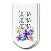Tri Sigma sorority socks with the sororities floral design printed on the socks