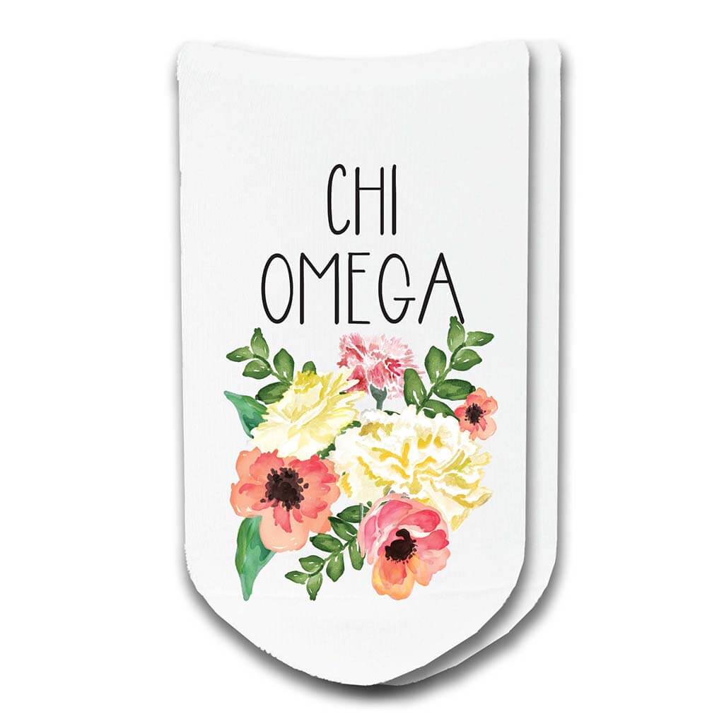 Chi O sorority socks with the sorority’s floral design printed on the socks