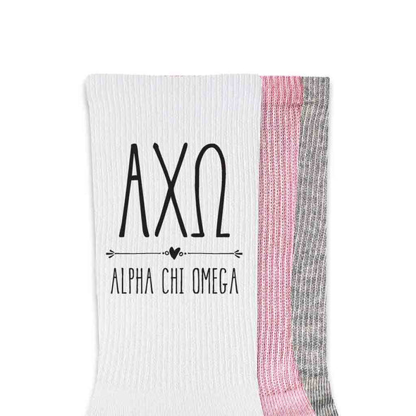 Alpha Chi Omega custom printed in boho greek letters on cute cotton crew socks in pink, heather gray, or white
