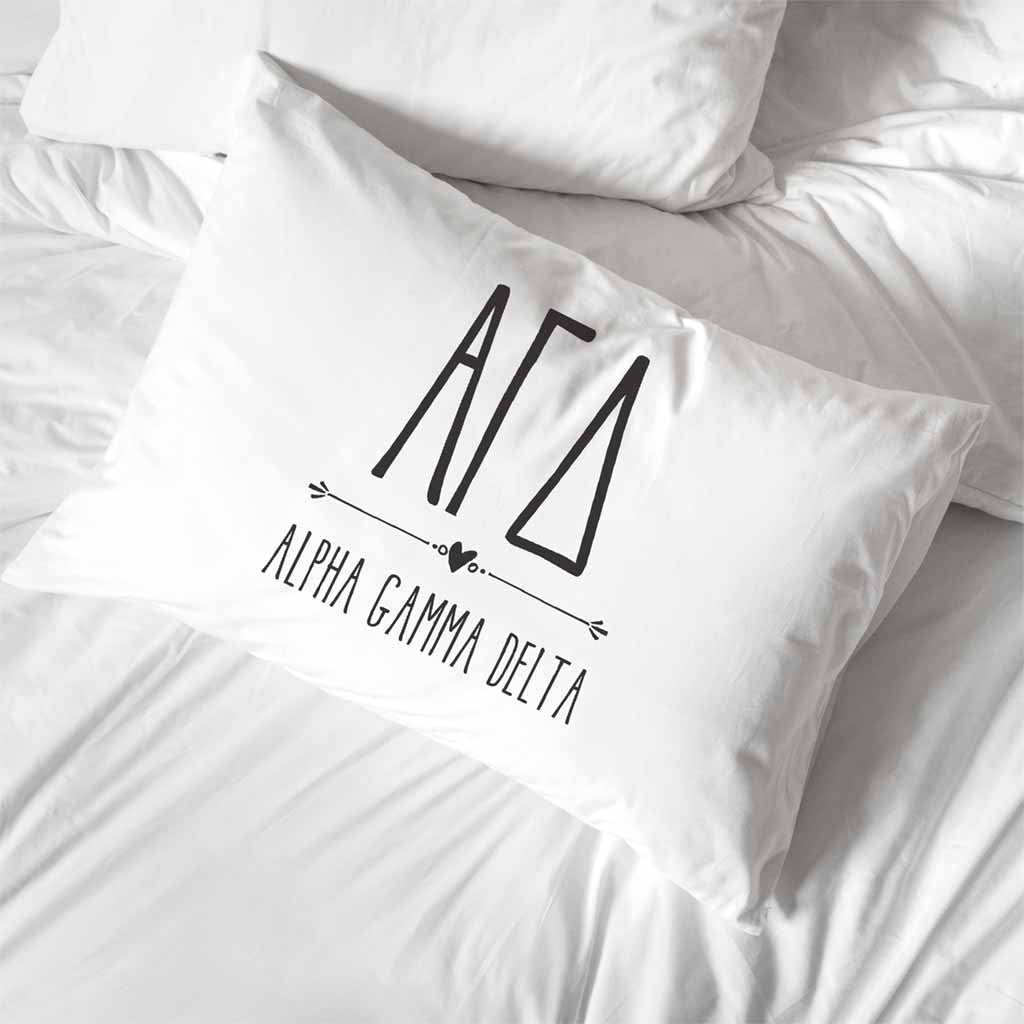 Alpha Gamma Delta sorority letters and name custom printed on cotton pillowcase