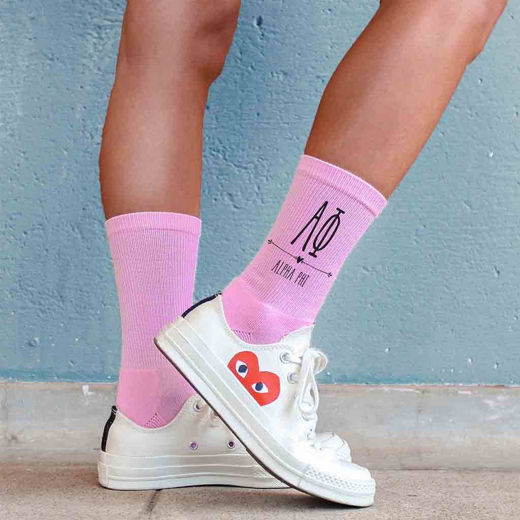 Alpha Phi sorority name and letters digitally printed on crew socks.