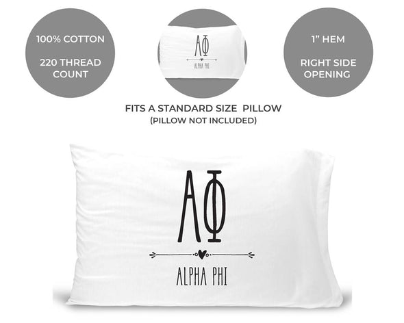 Alpha Phi sorority name and letters custom printed on pillowcase
