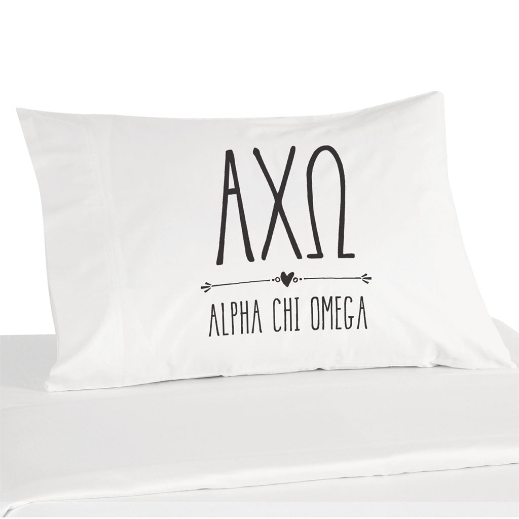 Alpha Chi Omega boho greek letters and name custom printed on white cotton pillowcase