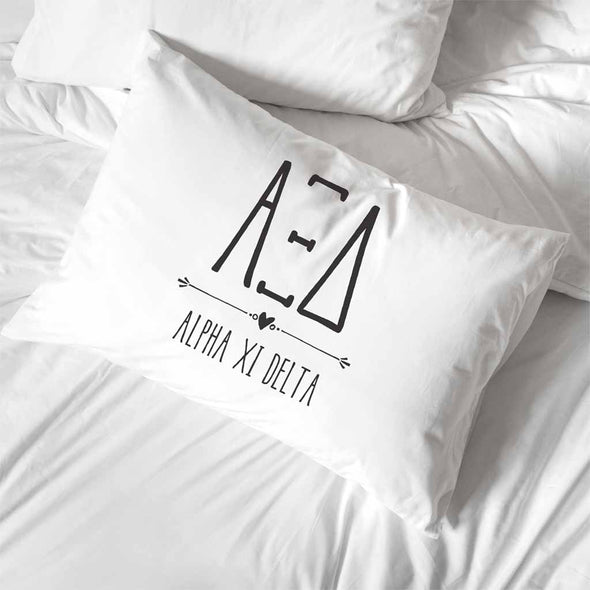 Alpha Xi Delta sorority name and letters custom printed on white cotton pillowcase