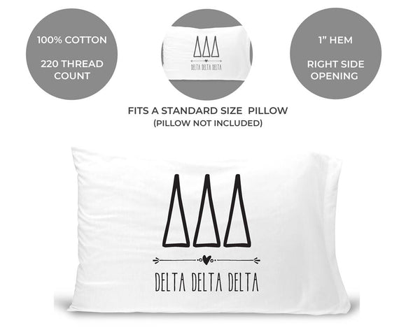 Delta Delta Delta sorority name and letters custom printed on pillowcase