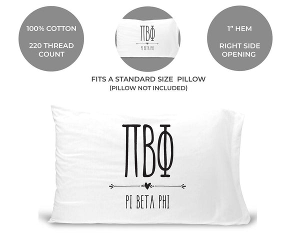 Pi Beta Phi sorority name and letters custom printed on pillowcase