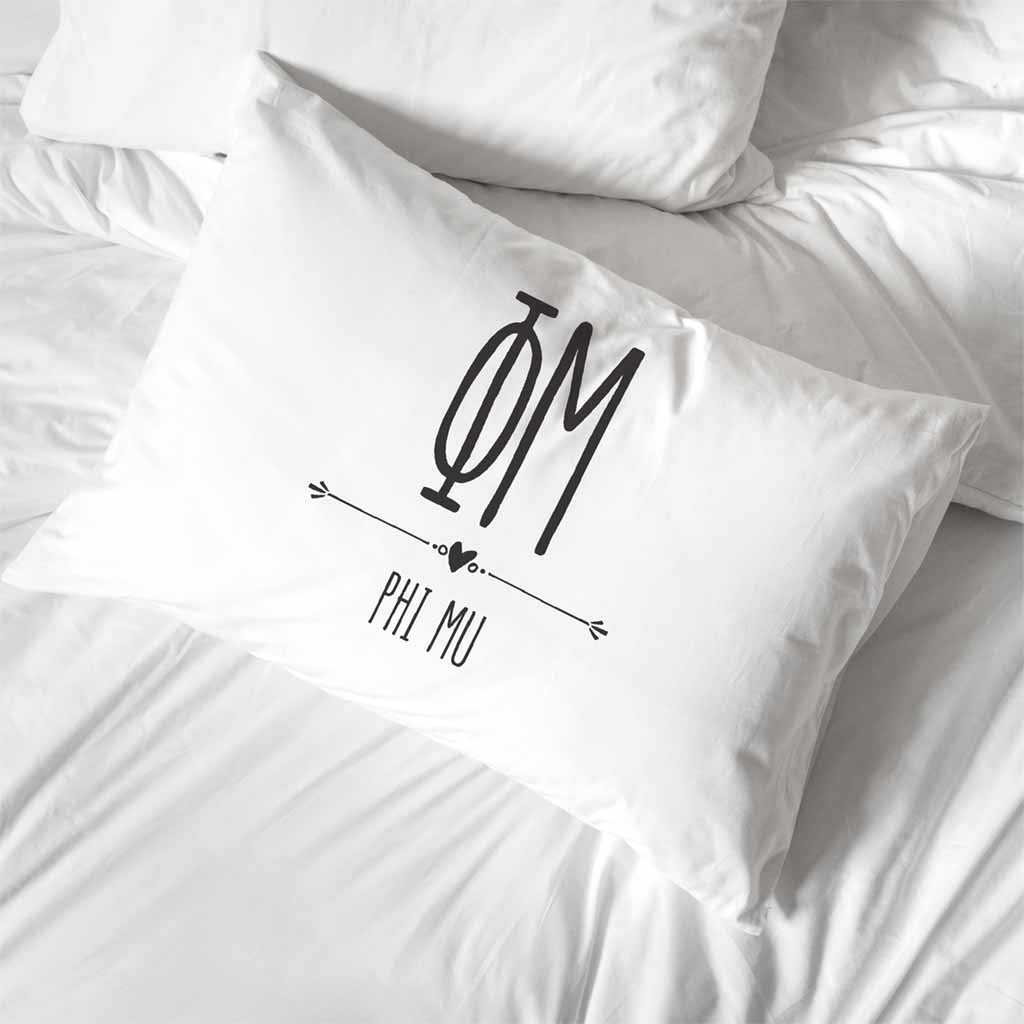 Phi Mu sorority name and letters custom printed on white cotton pillowcase