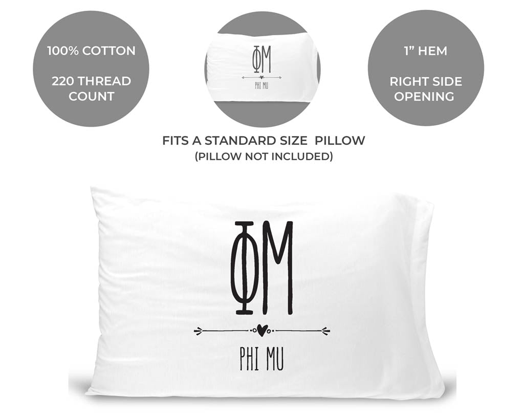Phi Mu sorority name and letters custom printed on pillowcase