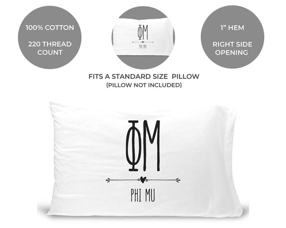 Phi Mu sorority name and letters custom printed on pillowcase