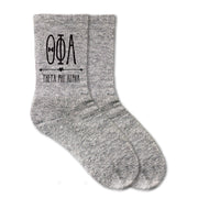 Theta Phi Alpha sorority name and letters custom printed on heather gray crew socks