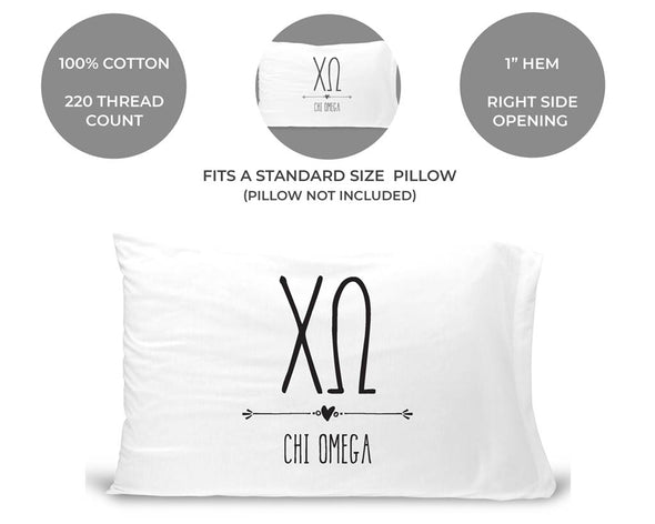 Chi Omega sorority name and letters custom printed on cotton pillowcase
