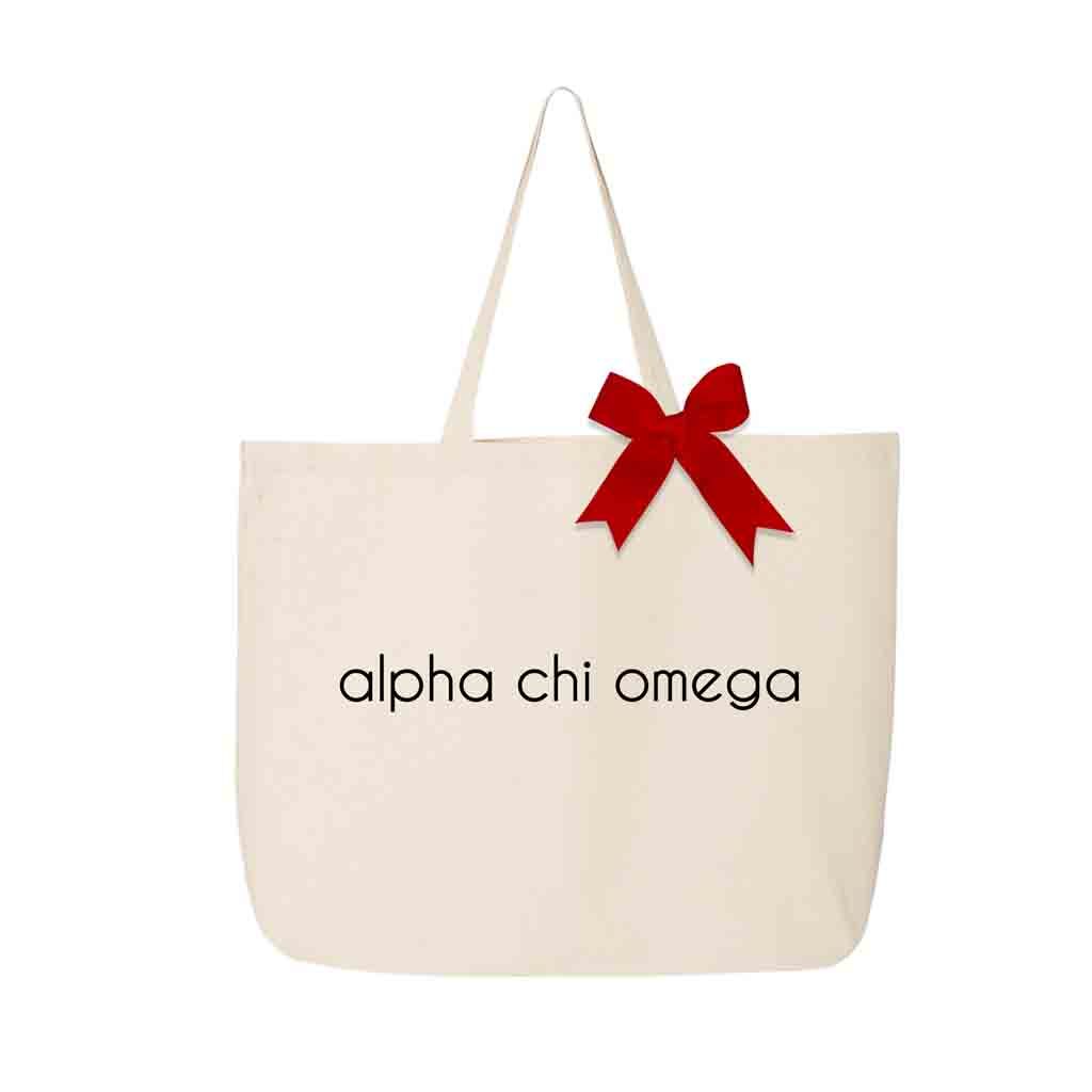 Alpha Chi Omega sorority name custom printed on canvas tote bag with bow in sorority color