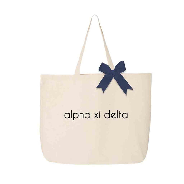 Alpha Xi Delta sorority name custom printed on canvas tote bag with bow