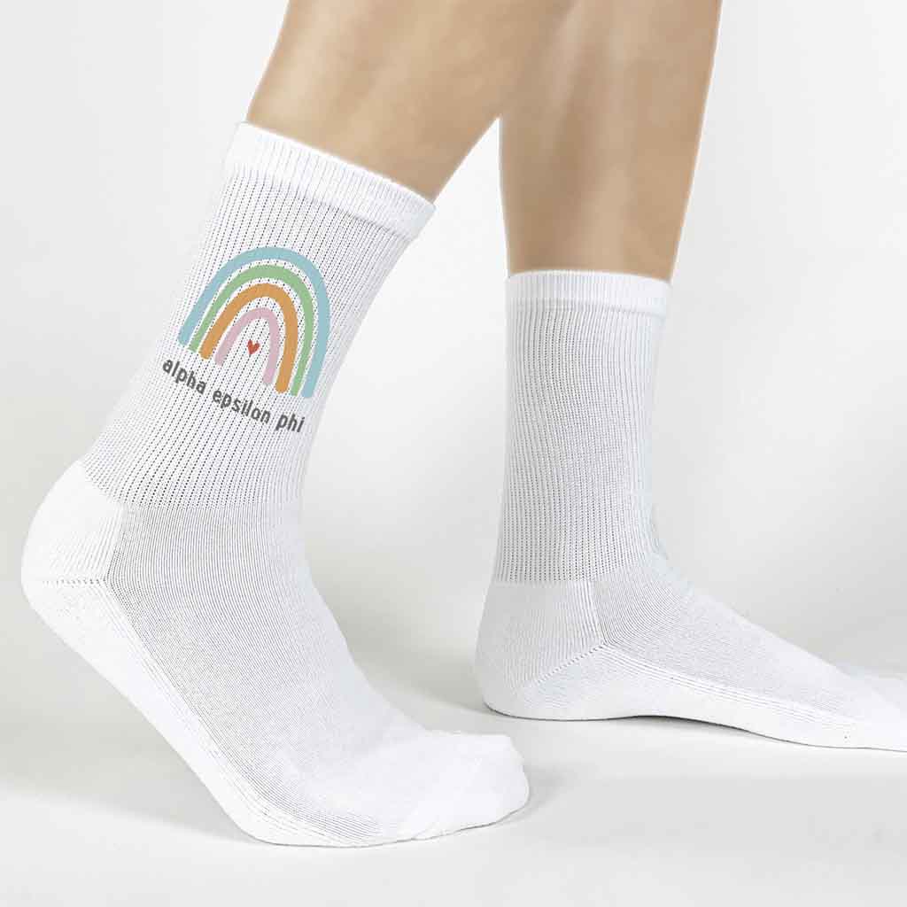 Alpha Epsilon Phi sorority cotton crew socks digitally printed with rainbow design